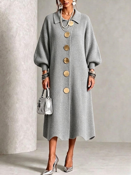 Clara Womens Ribbed Knit ButtonFront Balloon Sleeve Dress - Image 4