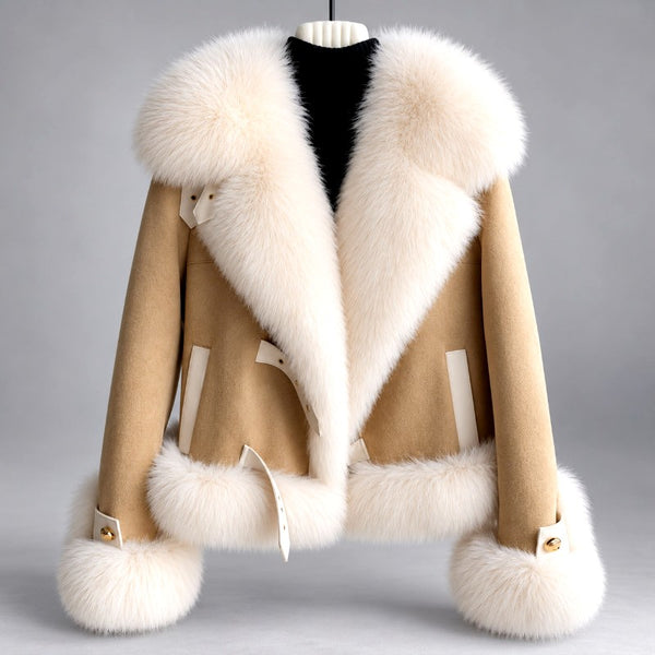 Leandra Womens Faux Suede Faux Fur Collar Cropped Jacket - Image 3