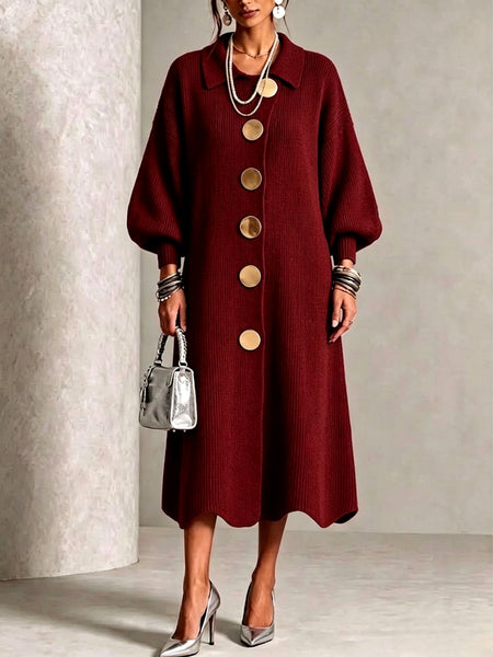 Clara Womens Ribbed Knit ButtonFront Balloon Sleeve Dress