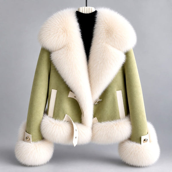 Leandra Womens Faux Suede Faux Fur Collar Cropped Jacket - Image 2