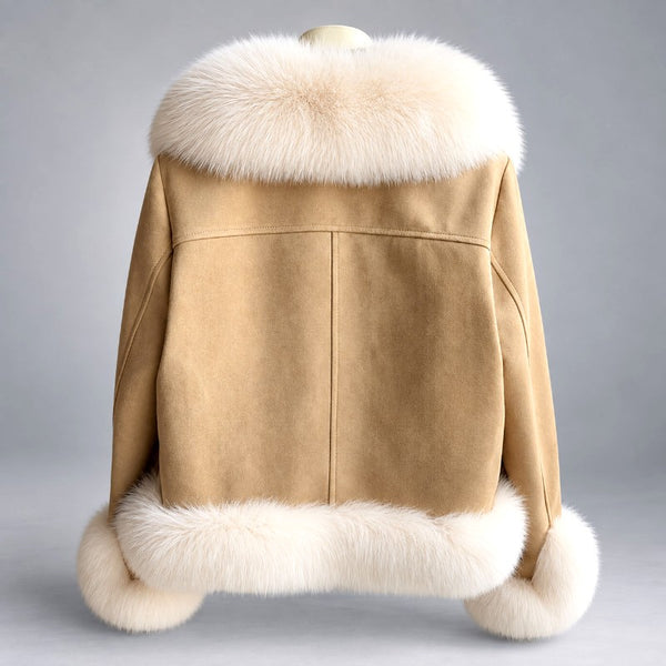 Leandra Womens Faux Suede Faux Fur Collar Cropped Jacket - Image 5