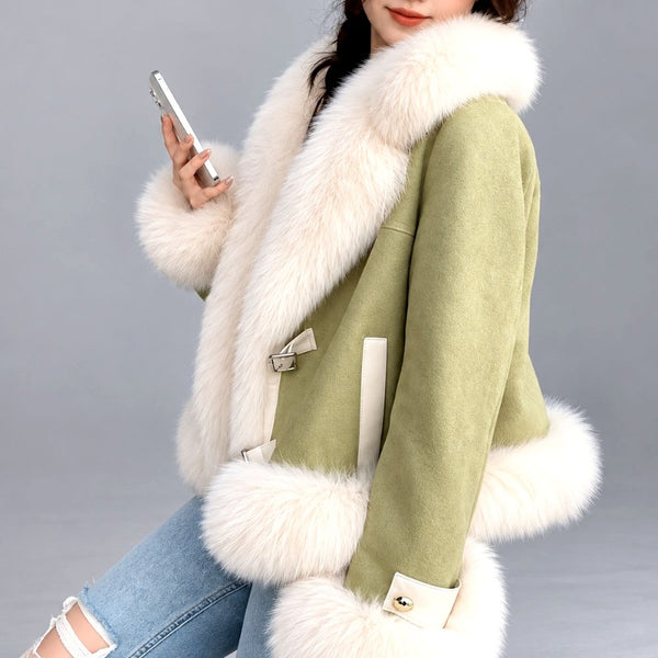 Leandra Womens Faux Suede Faux Fur Collar Cropped Jacket - Image 7