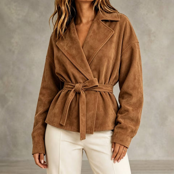 Ginette Womens Suede Notched Lapel Cropped Blazer Jacket